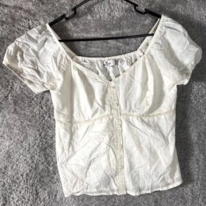 Hollister Babydoll Top Womens M White Cotton Puff Sleeve Button Front Lace Trim